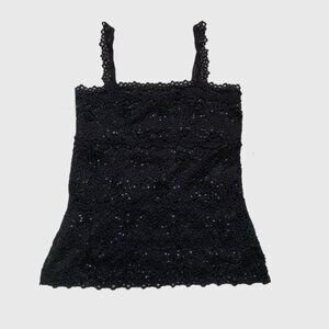 Le Chateau Y2K Black Lace Sequin Straight Neckline Tank Top